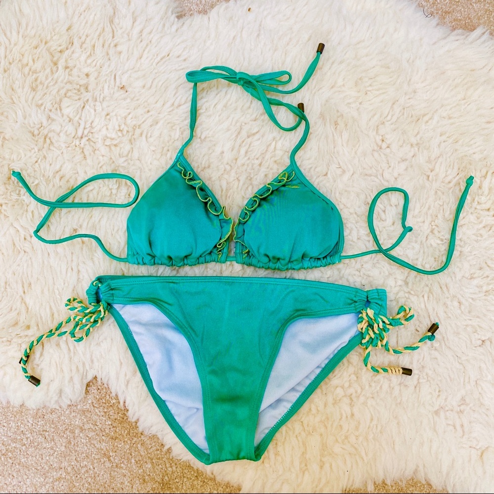 Billabong Kelly Green gold ruffle bikini swimsuit two piece women's size medium